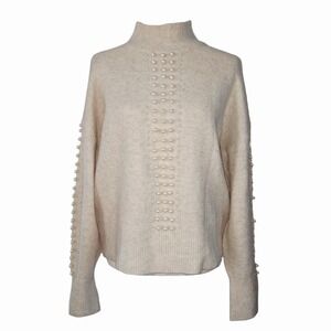 H&M Women Small Cream Knit Mockneck Sweater with Pearl Embellishments Wool Blend